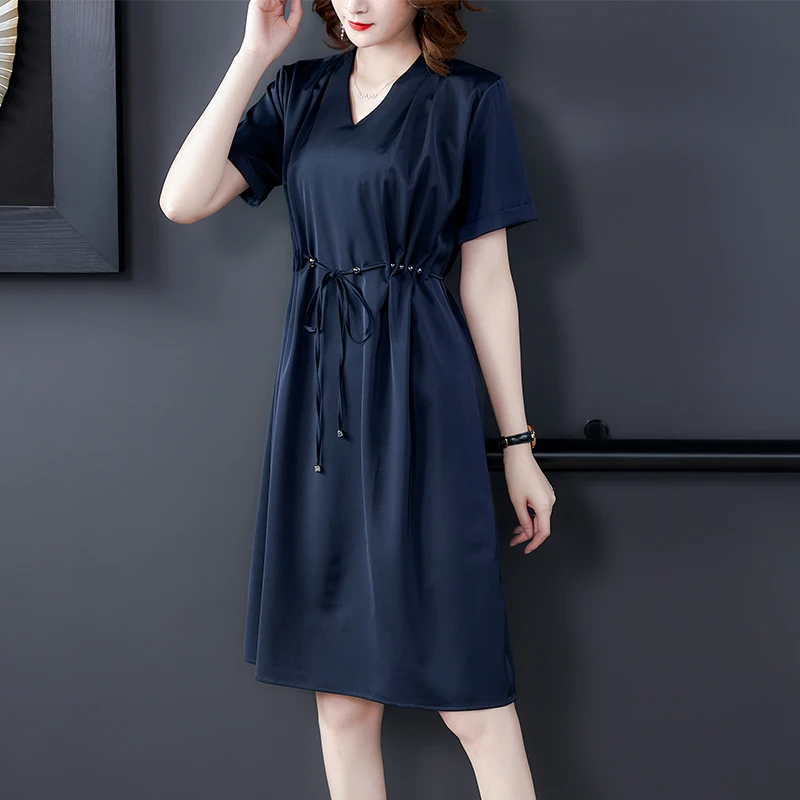 

4xl mulberry silk big size dress women office work elegant dress v-neck solid color casual plus size dress summer clothing