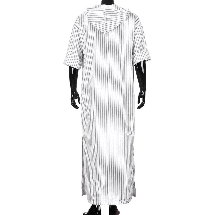

Retro Men Saudi Arabia Muslim Long Thobe Hooded Striped Linen Polyester Islamic Jubba Robe Medieval Clothing Loose Style