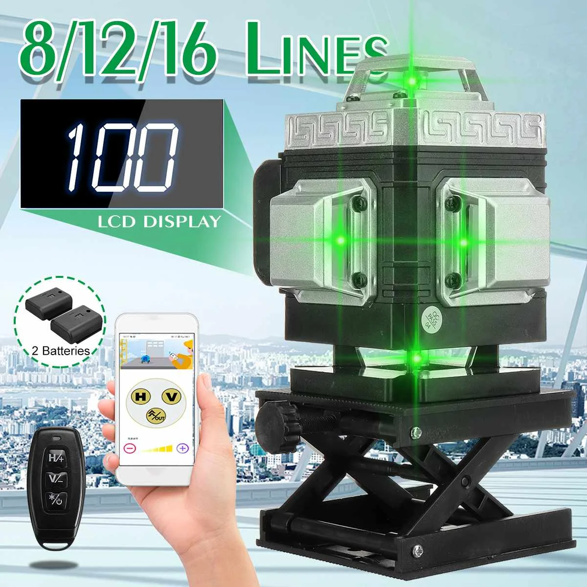 

4D/3D 16/12 Lines Laser Level LCD Green Self-leveling 360 Horizontal Vertical Cross Measure Beam Laser Level With 2pcs Battery