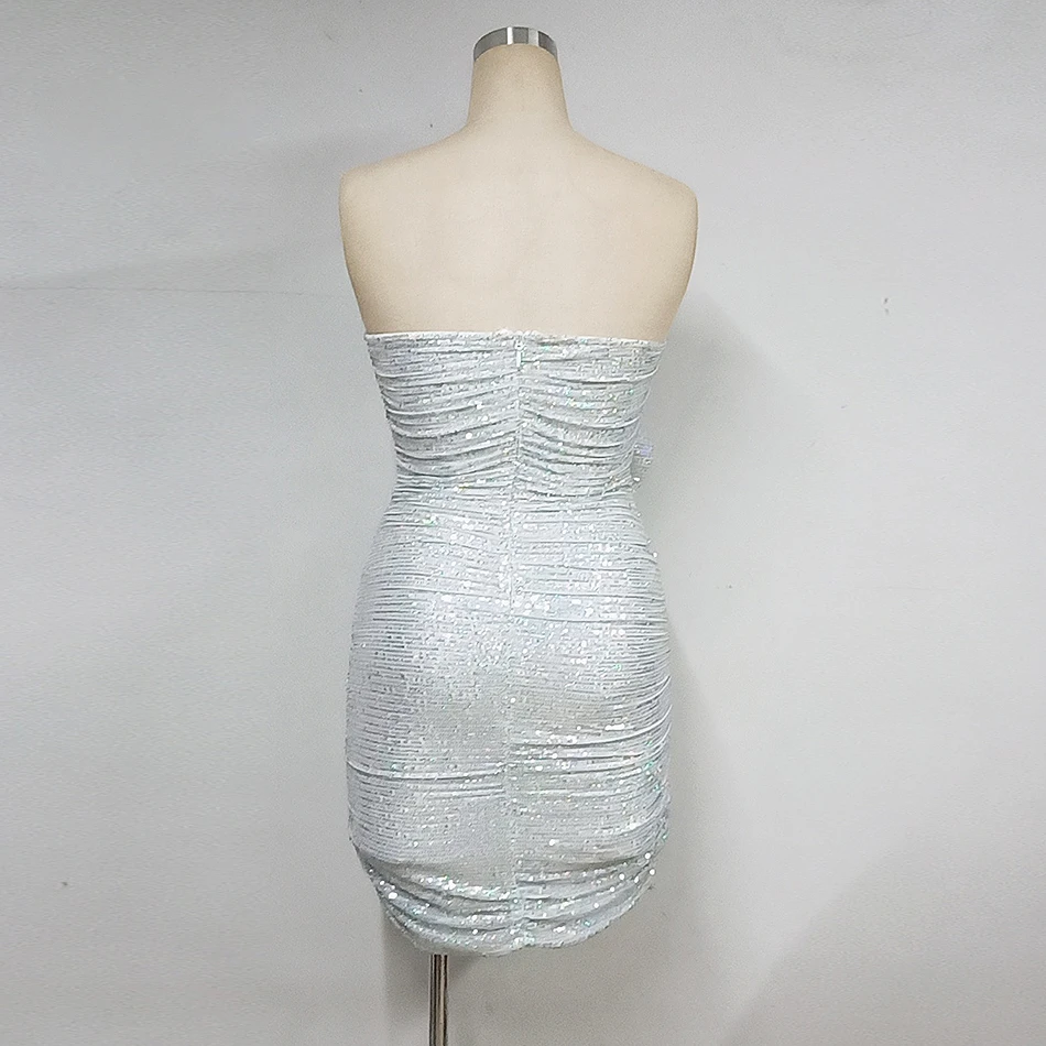 Женское платье без бретелек Liser серебристое мини-платье с оборками облегающее