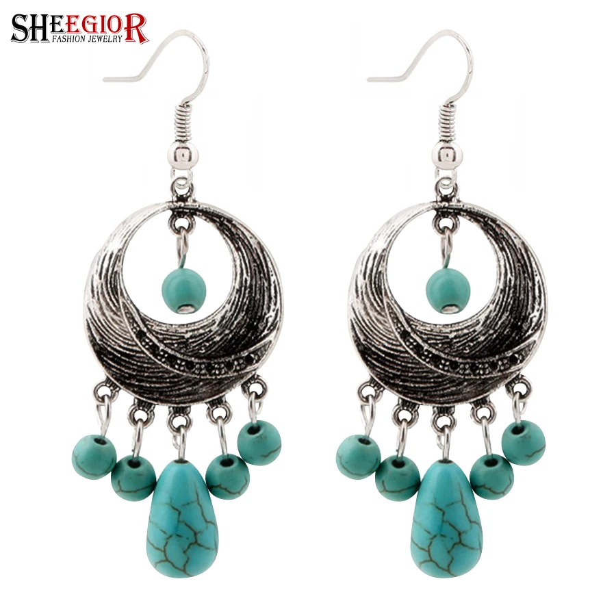 

Vintage Turquoises Dangle Long Earrings for Women Accessories Retro Silver color Round Drop Earring Earings Fashion Jewelry Gift