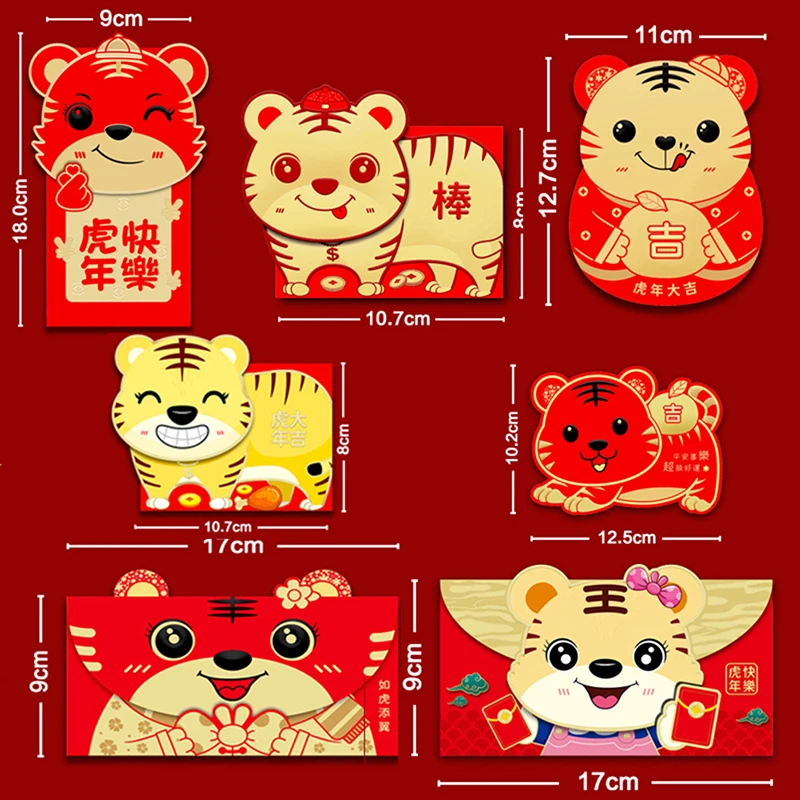 6pcs 2022 Chinese Lucky Red Envelopes New Year Red Packet for Year of the Tigers Money Pockets