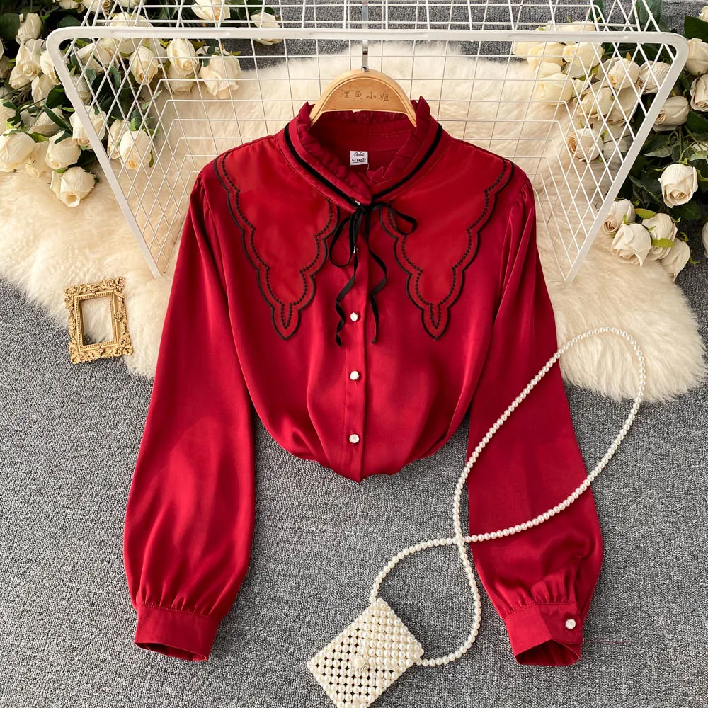 

C297 Fall Winter 2021 New Fashion Shirt Women's Sweet Stand Collar Single-breasted Long Sleeve Tops Mujer Blouse