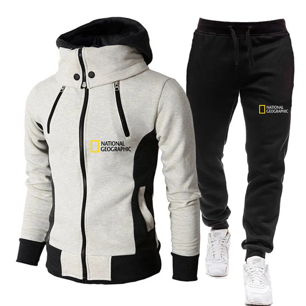 

New Global Geographic Casual Men's Zipper Jacket Two-piece Fall/Winter Turtleneck Hoodie + Pants Men's Warm Sportswear