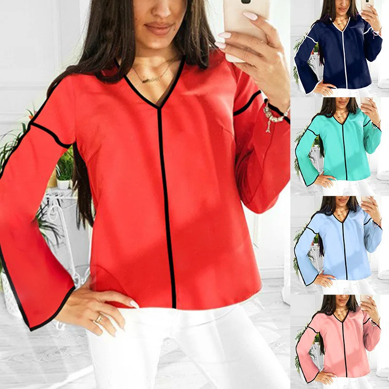V образным вырезом с расклешенными рукавами Топы женские рубашки блузка