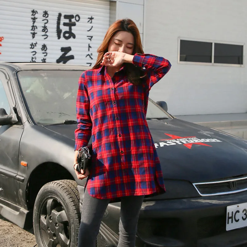 

Womens Blouses red Long Sleeve Students Daily Single Breasted Spring New Fashion Casual Lapel Plus Size Blouses Women Plaid