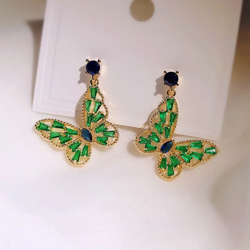 S925 Silver Needles Drop Earrings For Women Green/Pink Cubic Zirconia TButterfly Romantic Fine Jewelry Bridal Wedding Accessory