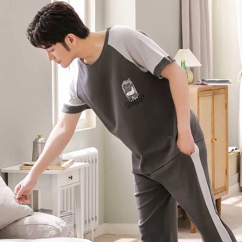 

2021 Spring Summer Cotton Pajama Set for Men Short Sleeve Long Pants Sleepwear Suit Pyjama Male Loungewear Homewear Home Clothes