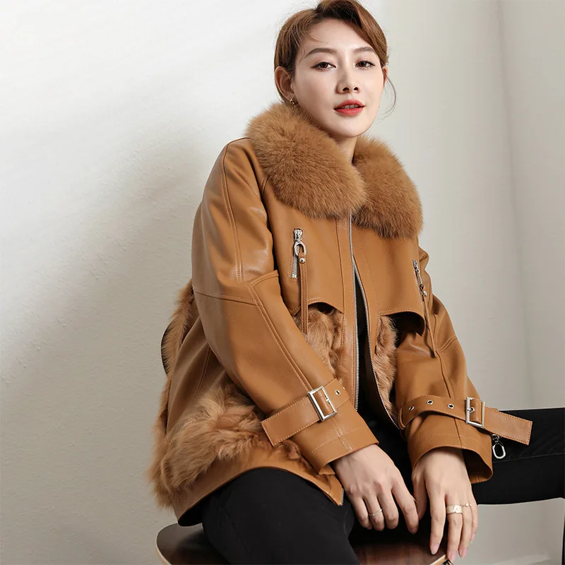 

2021 New Winter Women Coats Ladies' Real Sheepskin Leather Jacket With Natural Fox Fur Collar Female Lambskin Outwear