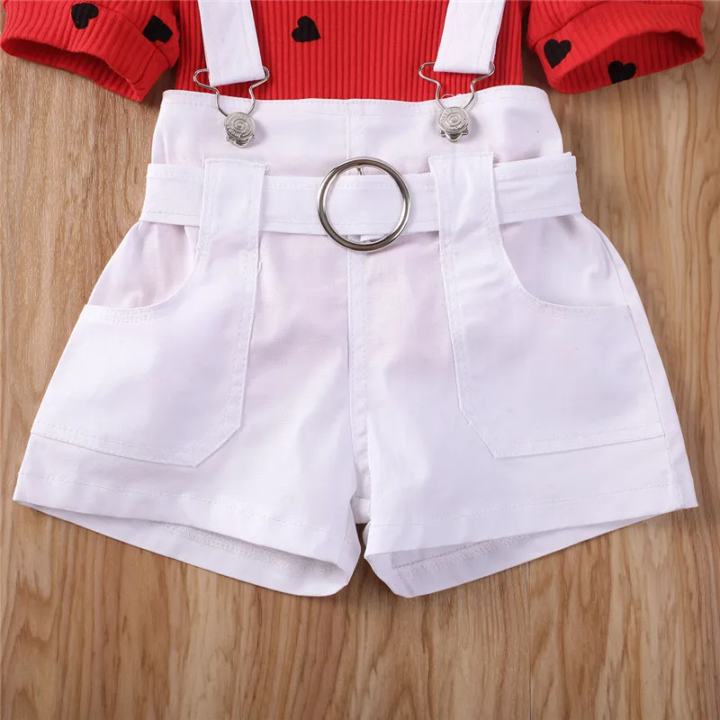 1-6Y Valentine Day Toddler Kid Baby Girl Heart Short Sleeve Tops T-shirt Bib Suspender Shorts Pants 2Pcs Set Clothes Outfit |
