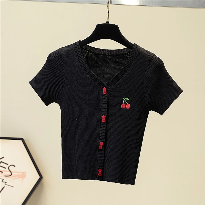 

LJSXLS Knitted Short Sweater Women 2021 Fashion Embroidery Top Slim V Neck Cardigan Sweaters Spring Summer Casual Clothes Female