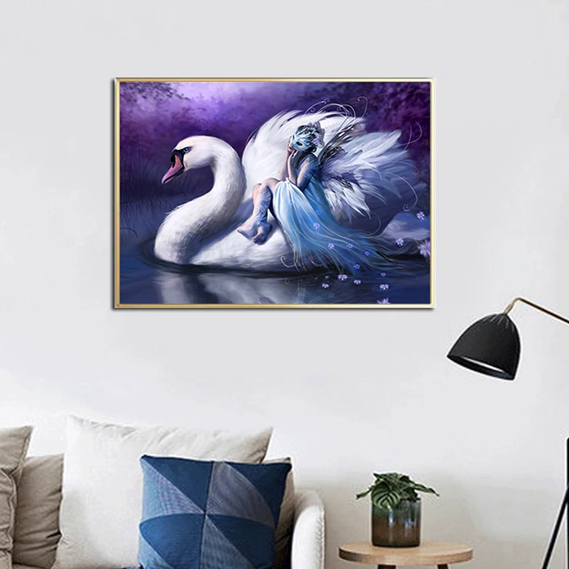 Современные плакаты и принты с ангелом Женский Белый лебедь картина маслом холст