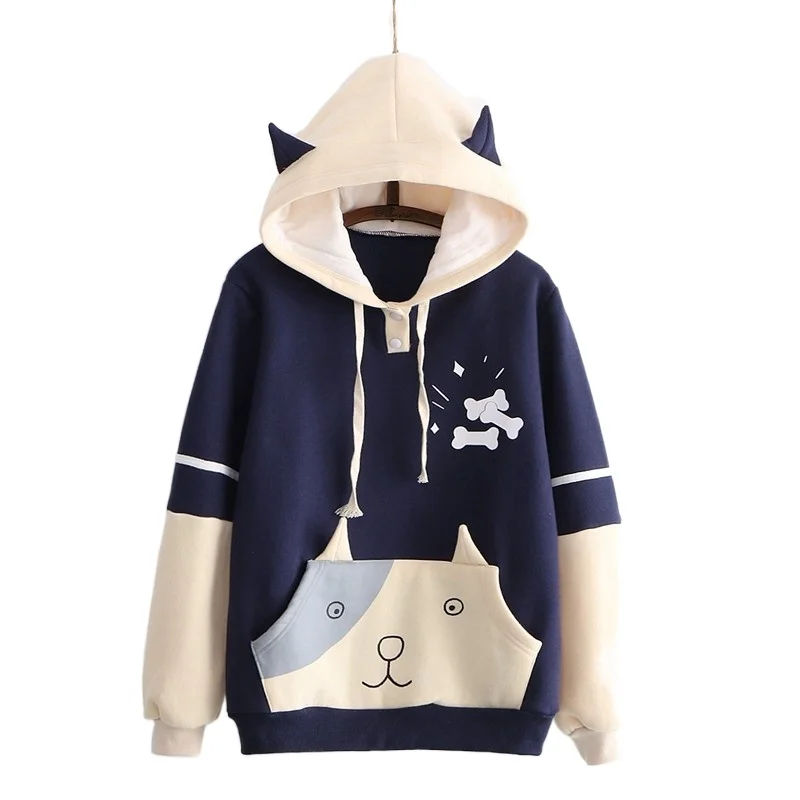 

Japan Style Kawaii Cute Hoodies Women Cartoon Dog Print Harakuju Hooded Sweatshirt 2021 Winter Sweet Korean Ladies Pockets Tops