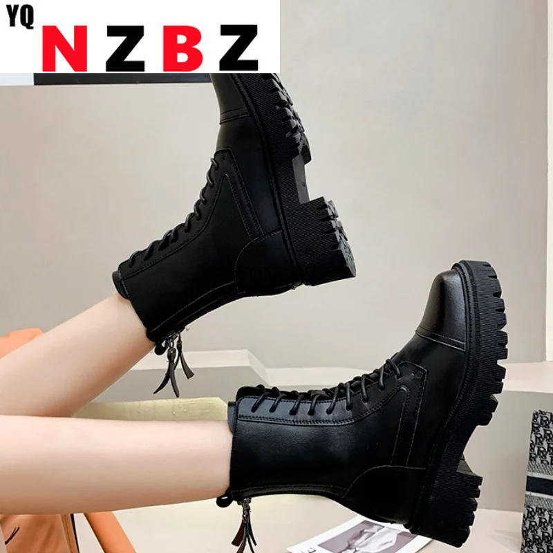 

Round Head Lace-up Square Heel Women's Casual Boots 2022 Autumn New Fashtion Platform Zipper Women's Motorcycle Chelsea Boots