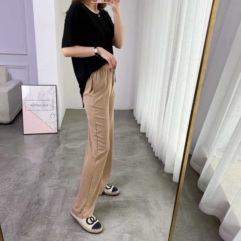 

2020 Summer Women Wide Leg Pants Korean Lace Up Elastic Waist Straight Large Size Casual long Pants Solid Color Women Pants A55