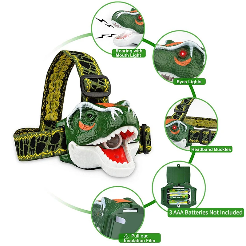 Налобный фонарь T Rex с динозавром для детей светодиодный головной мальчиков