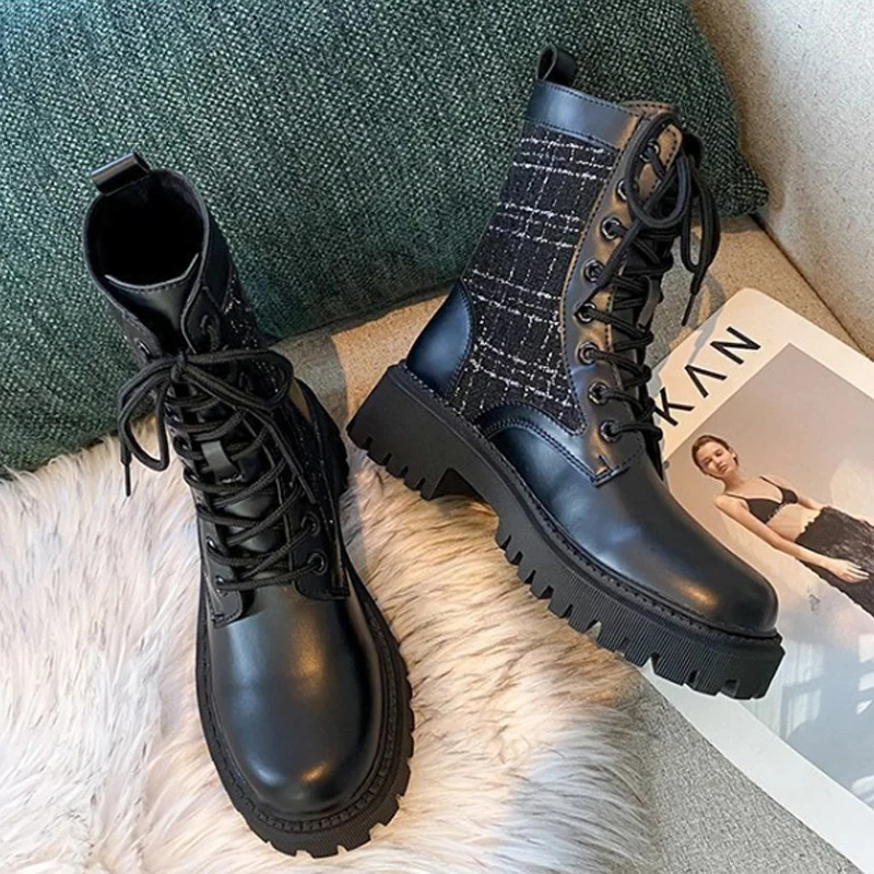 

Tweed Cloth British Style Short Boots Women's Thick Heel Flat Tweed Cloth Plaid Ankle Boots Autumn Net Cloth Lining Winter Plush