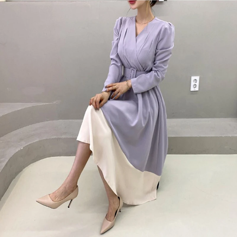 

Elegant v-neck belted dress elegant termperament long dress patchwork casual fashion women's dress 2021 new female robe