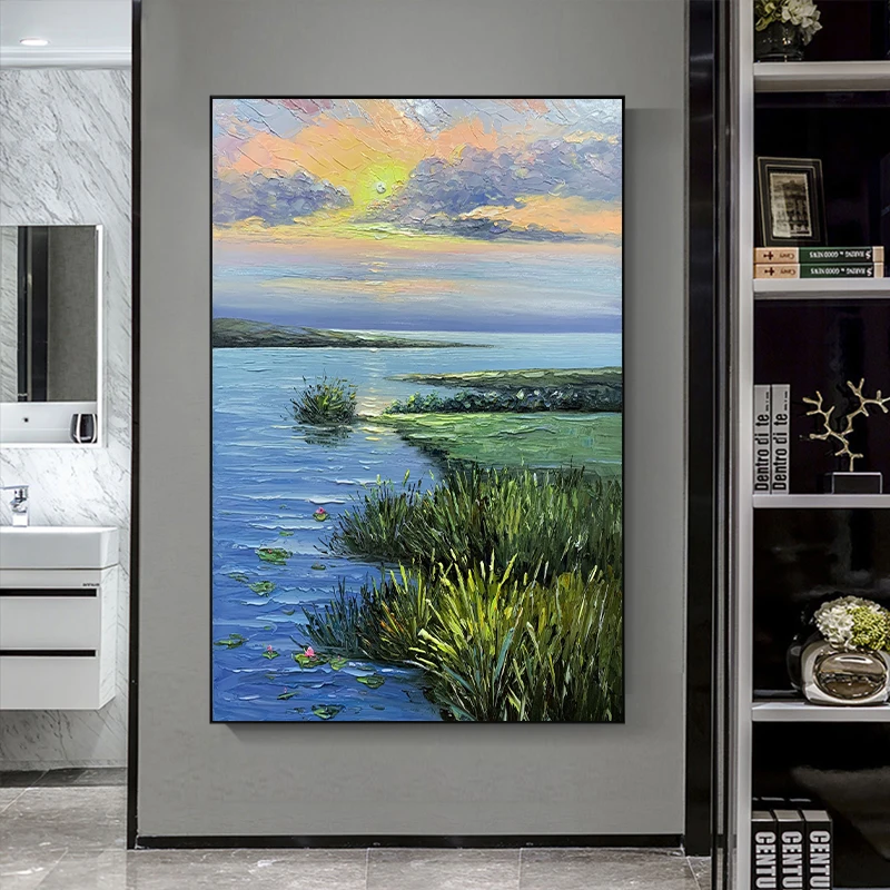 

Hand Painted Oriental Sunrise Lake View Oil Painting on Canvas Handmade Sunrise Wall Hang Art Living Room Decor Artwork No Frame