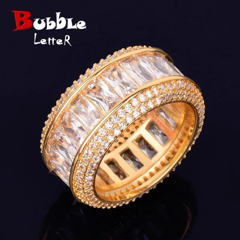 Bling багет Циркон мужское кольцо 18 К медь золотистые и Серебристые Подвески вечерние кольцо Мода хип хоп рок ювелирные изделия