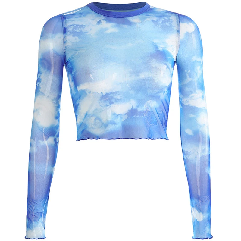 Women O-neck Cropped Blue Sky White Clouds Printed Streetwear T-shirt Tee shirt Femme Sexy Mesh Long Sleeve Tshirt | Женская одежда