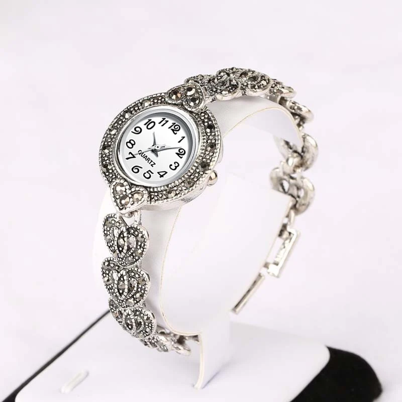 

QINGXIYA Luxury Quartz Watch Women Fashion Antique Silver Women's Watches Bright Black Crystal Vintage Bracelet Quartz-Watch