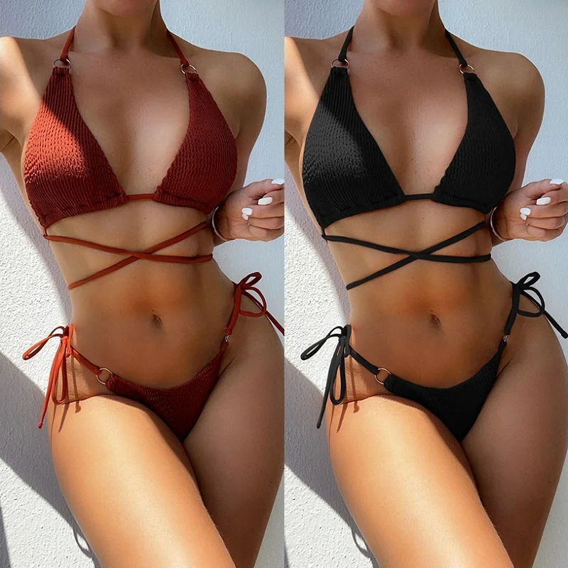 

Phaixoneible 2021 New Swimsuit Two Piece Bikini Set Solid Halter Bandage Bathing Suit Women Ribbed Beachwear