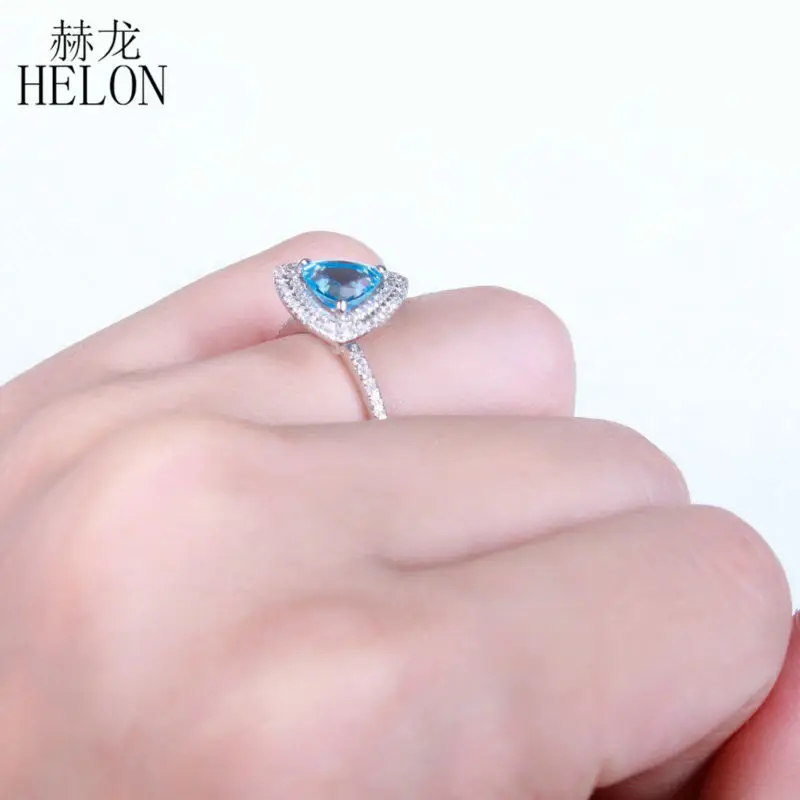 

HELON Solid 10k White Gold Trillion 7x7mm Genuine Bule Topaz & Diamonds Engagement Ring Women Birthday Fine Jewelry Best Gift