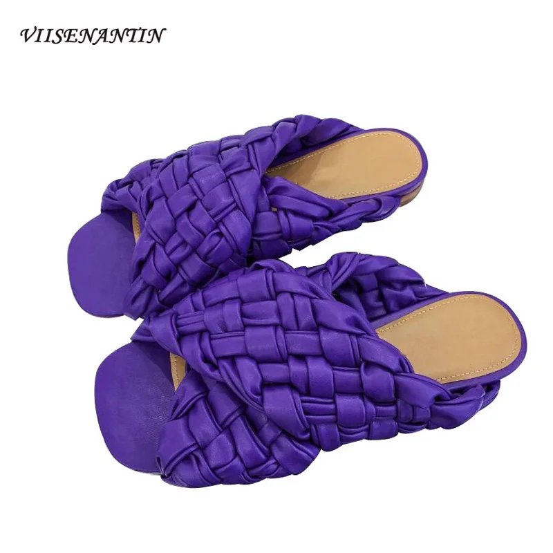 

New Fashion Luxury Genuine Leather Solid Rome Shoes Women Designers Outside Weave Square Toe Summer Mules Mujer Slippers