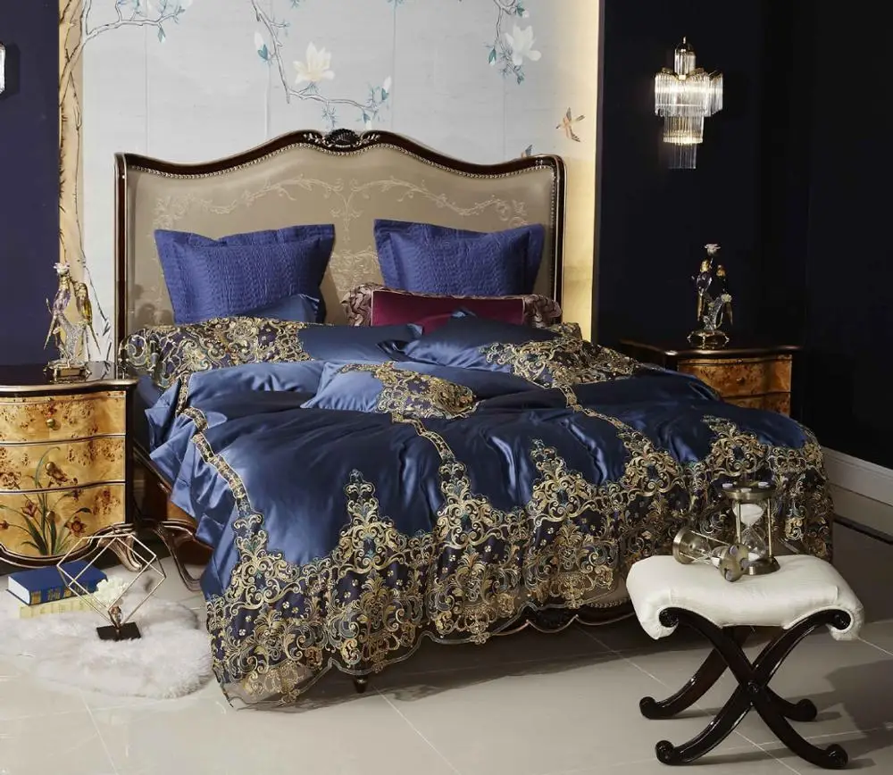 

High Grade 120S Silk Cotton Bedding Set Euro Solid Lace Edge Duvet Cover Set King Queen Sizee Bed Linen