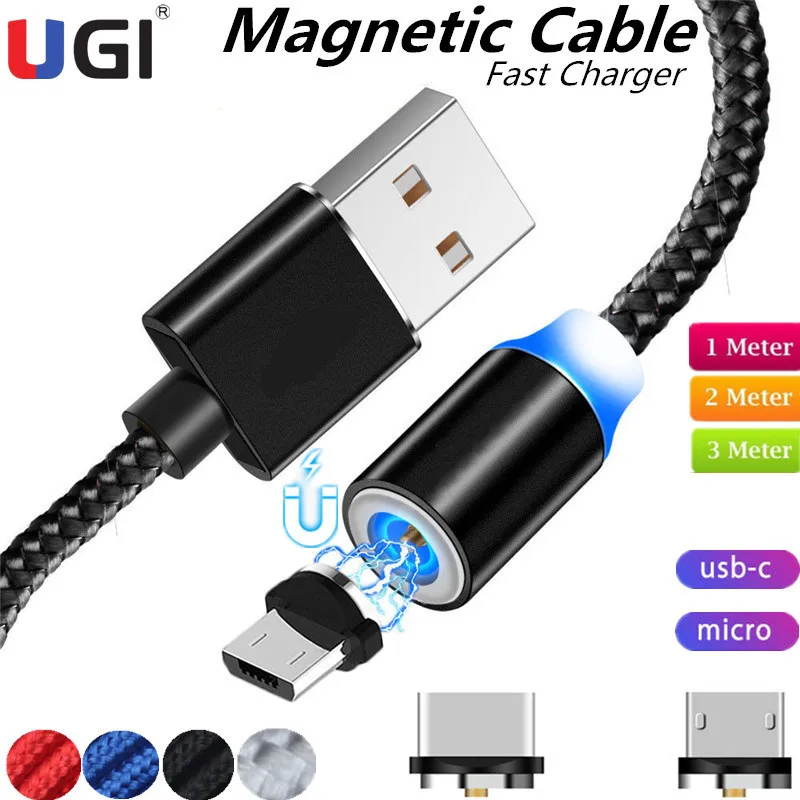 UGI светодиодный магнитный USB кабель для зарядки 1 м 2 3 длинный плетеный шнур Micro Type