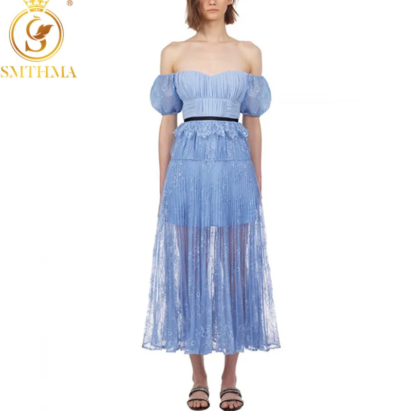 Женское кружевное платье SMTHMA Голубое Кружевное длинное с высокой талией вырезом