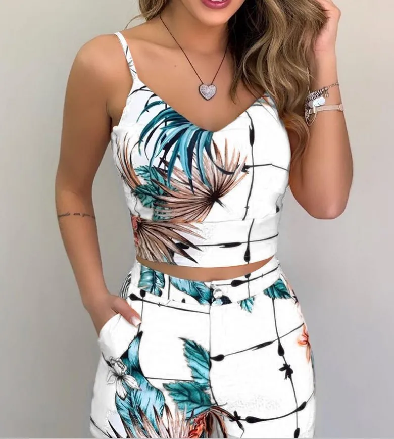 

2021 Women's Summer Printed Sling Slim Suit Ladies Shorts
