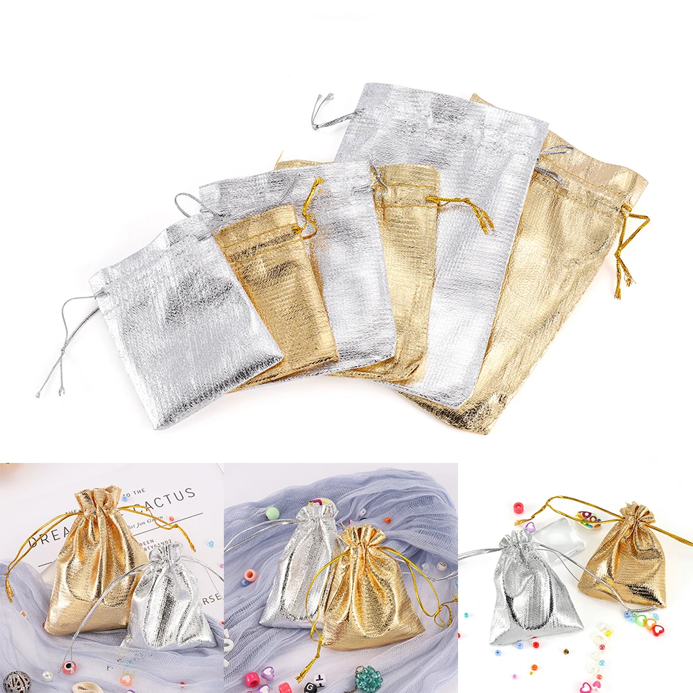 

25Pcs/Lot 5x7 9x12 11x16 Gold Silver Color Drawstring Organza Adjustable Jewelry Organizer Pouch Jewelry Packaging Display Bag