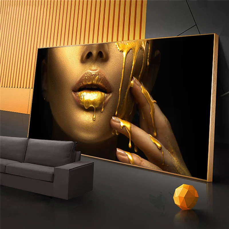 

Large Size Sexy Woman with Golden Lips Oil Paintings on Canvas Modern Wall Art Posters and Prints Home Room Decorative Pictures