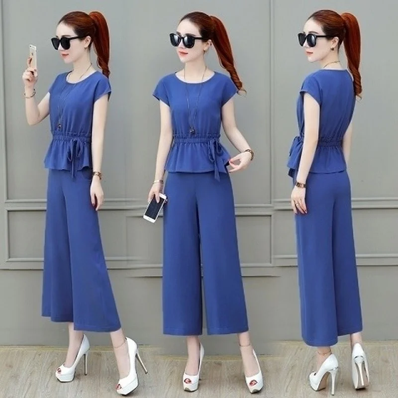 

Summer Clothes 2021 Korean Fashion Women Outfits Two-piece Set O-neck Short Sleeve Tops + High Waist Wide-leg Pants Suits Y988