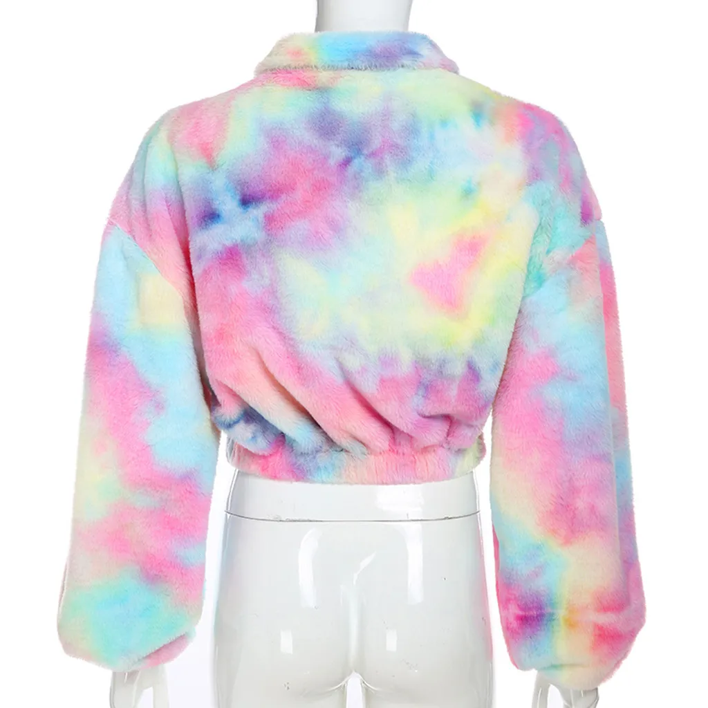 Женская Радужная Толстовка Tie Dye Teddy уличная одежда с длинным рукавом из искусственного меха флисовые Топы плюшевый пуловер больших размеров Sudadera Mujer