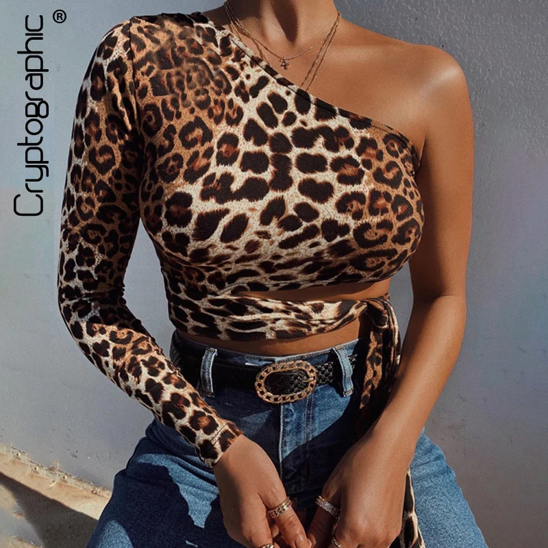 

Cryptographic Sexy One Shoulder Cropped Tops Hollow out Leopard Print Lace up T-shirts for Women Slim Fashion Autumn Winter Tees