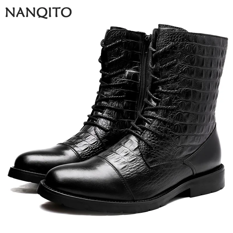 

Genuine Leather Men Boots Army Shoes Luxury Brand Winter Ankle Boots Cowboy Crocodile Pattern Mens Shoes Increase Height 35-47