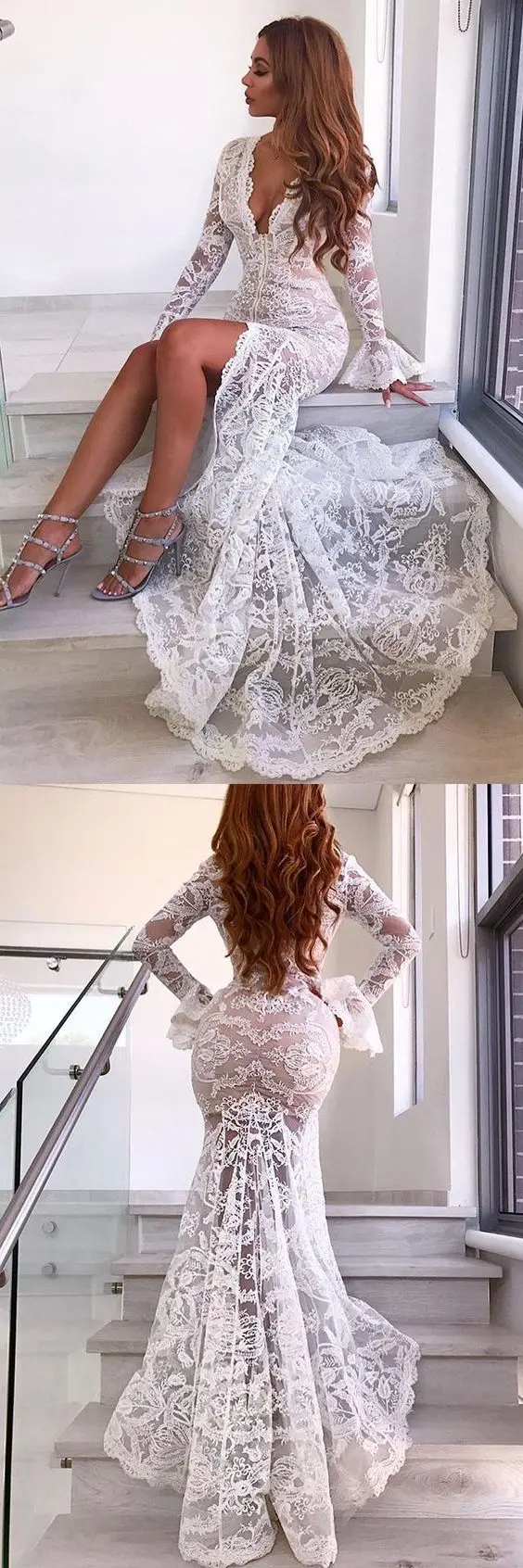 

2019 European and American Dress Popular Sexy Deep V Lace Split Fishtail Dress