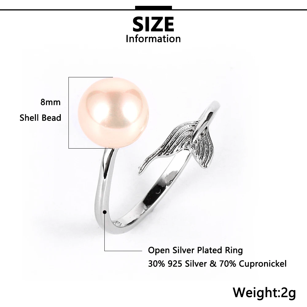 Женское кольцо Русалочки для девочек белое розовое фиолетовое в виде ракушек