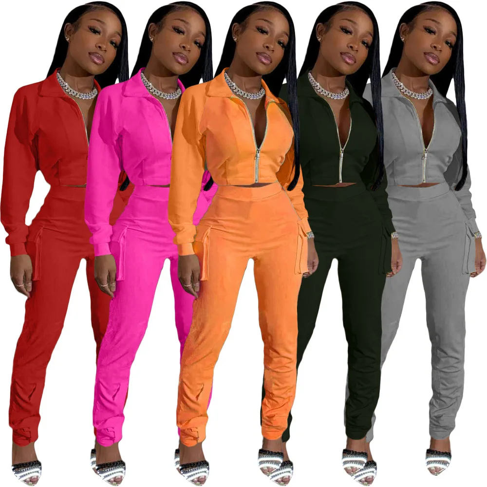 

Fitness Sporty Women Tracksuit Long Sleeve Turn Down Collar Crop Top Side Pockets Jogger Sweatpant Streetwear Outfit 2 Piece Set