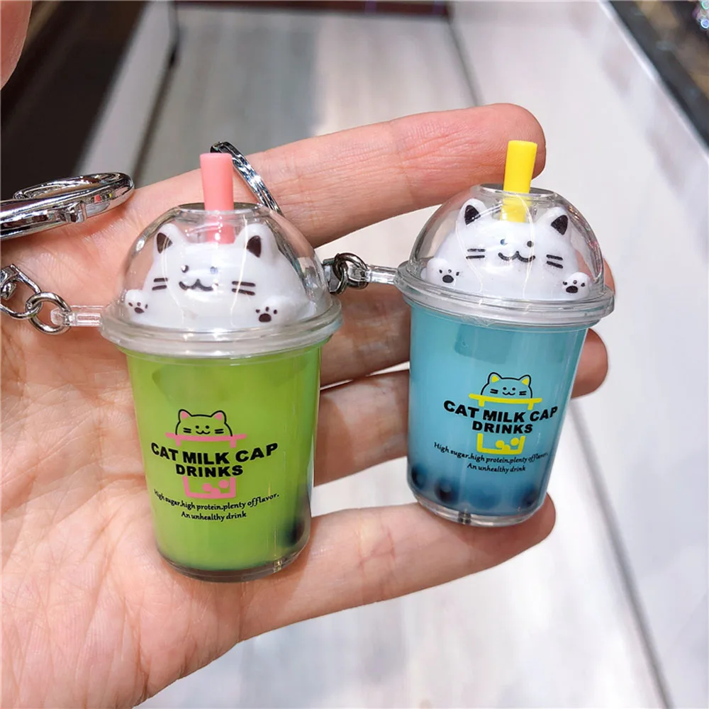 Новый брелок для ключей мультяшный Кот автомобильный миниатюрная чашка молока