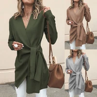 2020 solid color v neck long sleeve waist knotted casual knit jacket cotton slim waist knotted office ladies jacket