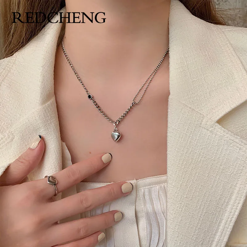

REDCHENG 925 Sterling Silver Necklace Love Double Chain for Women Luxury INS Fashion Temperament Minimalist Party Jewelry Gifts
