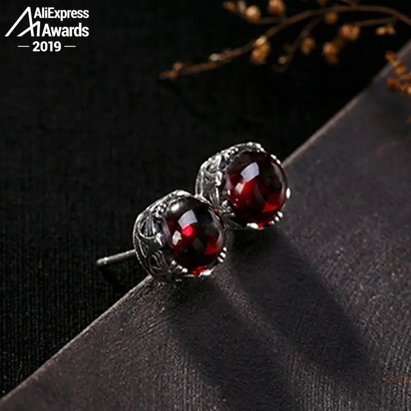 Серьги-гвоздики из рубина S925 круглые милые красивые Винтажные серьги ручной