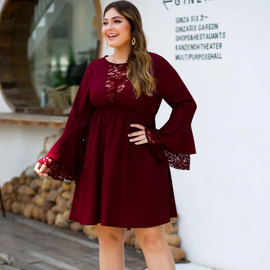 Women's Plus Size O-Neck Sexy Solid Color Lace Stitching Ruffled Sleeve Dress vestidos de fiesta noche sukienka Dropship #F | Женская