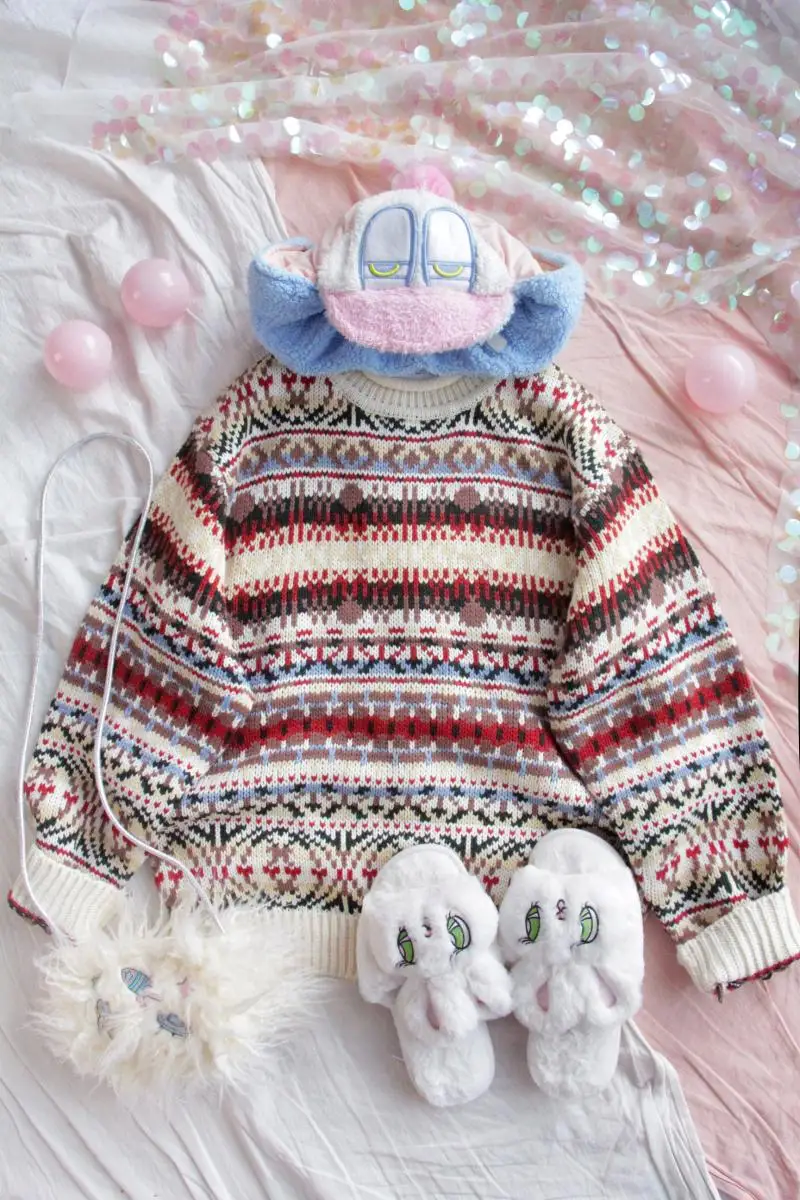 Зимние Для женщин ретро жаккардовый свитер молодая девушка студентка Harajuku Стиль