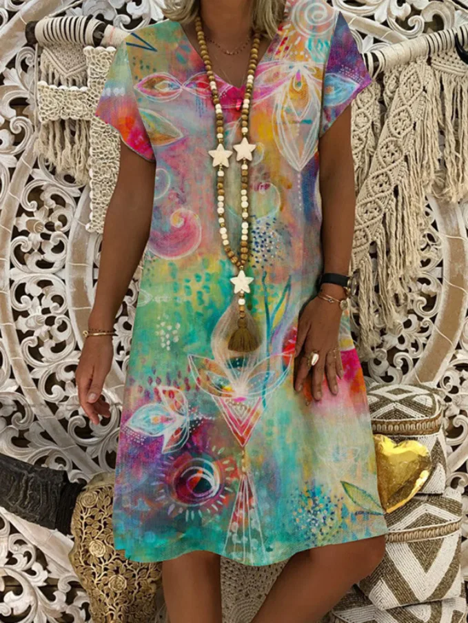 

Women Vintage Dress 2021 Summer Peacock Print Short Sleeve Dress Elegant V-neck Loose Female Mid Dress Lady Vestidos Plus Size