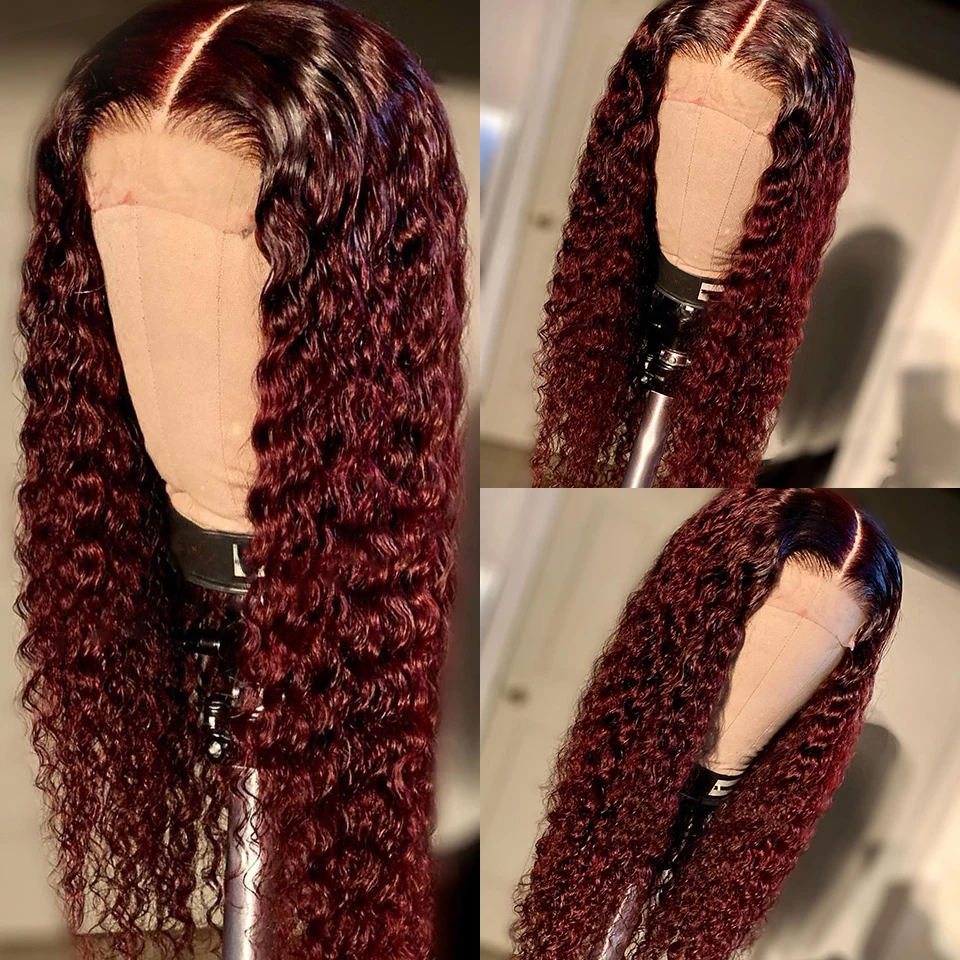 KL вьющиеся 1B/бордовый Цветной человеческие волосы парики предварительно